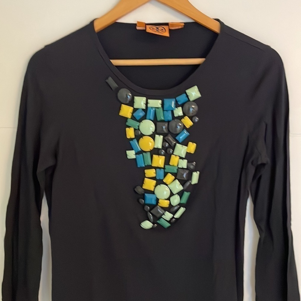 Tory Burch Razi Beaded Navy 3/4 Sleeves Stretchy Embellished Top Career Office S - Picture 2 of 5